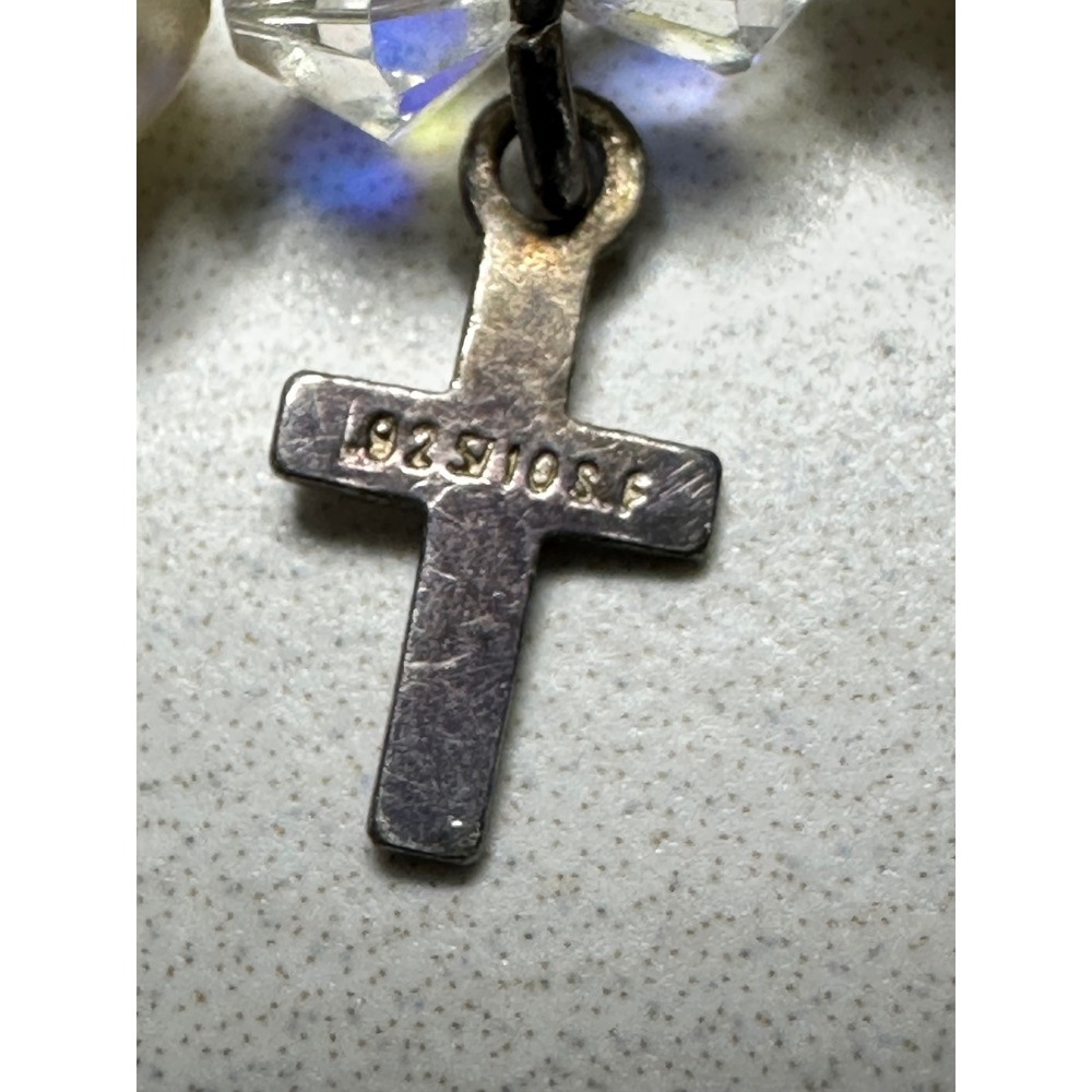 Sterling Silver 925 Pearl Crystal Beaded Bracelet with Cross Charm Religious - Picture 4 of 5